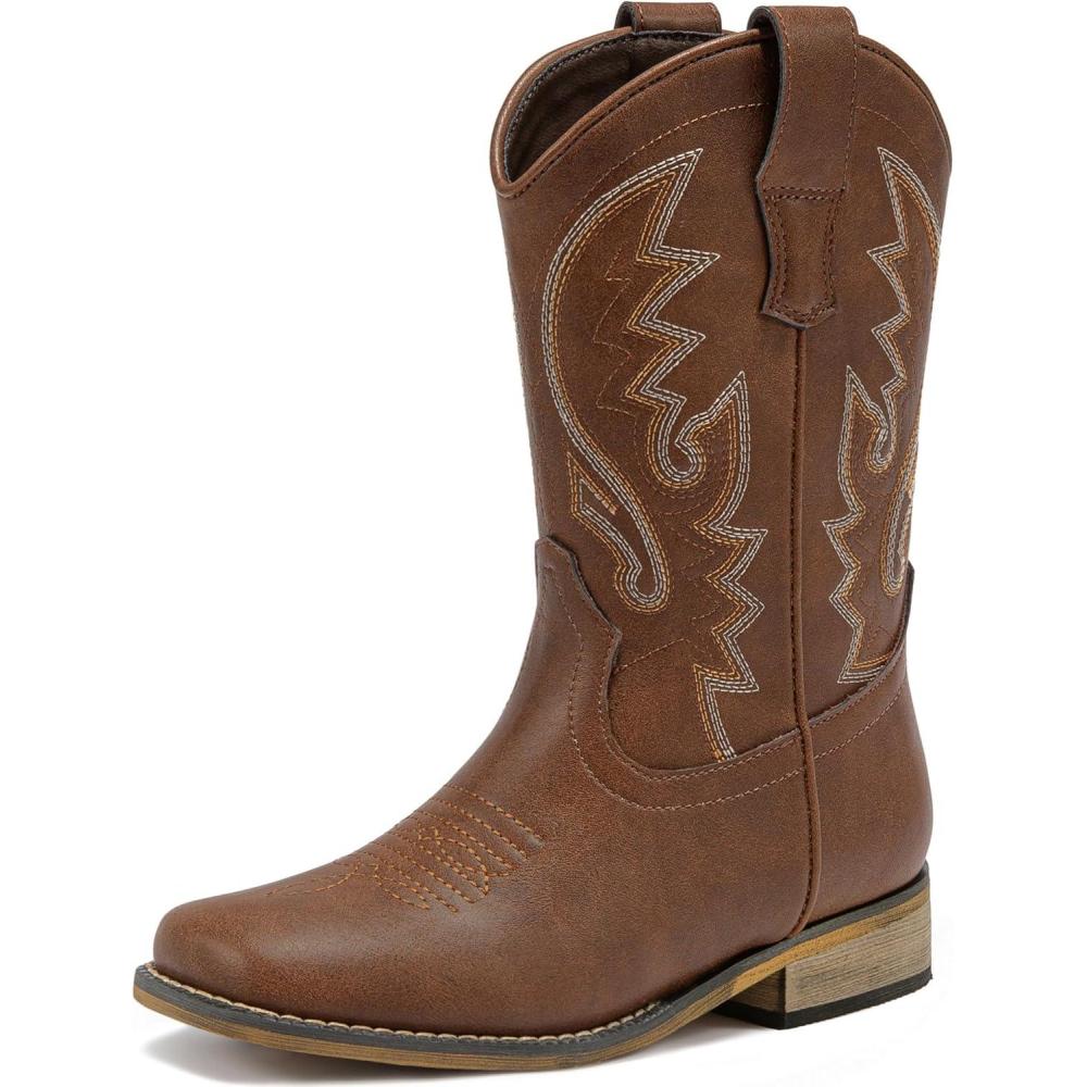 image:imageLAURMOSA Boys Cowboy Boots Western Square Toe Boots PullOn Mid Calf Embroidered Boots for Toddler Little Big KidBrown