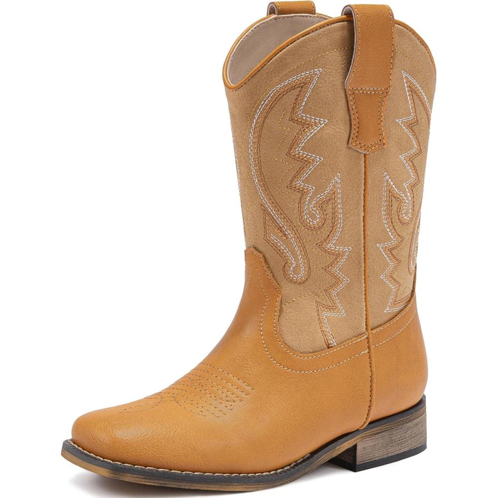 image:imageLAURMOSA Boys Cowboy Boots Western Square Toe Boots PullOn Mid Calf Embroidered Boots for Toddler Little Big KidCamel Tan