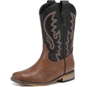 LAURMOSA Boys Cowboy Boots Western Square Toe Boots, Pull-On Mid Calf Embroidered Boots for Toddler Little Big Kid(Black Brown)