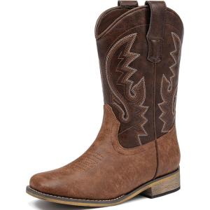 LAURMOSA Boys Cowboy Boots Western Square Toe Boots, Pull-On Mid Calf Embroidered Boots for Toddler Little Big Kid(Dark Brown)