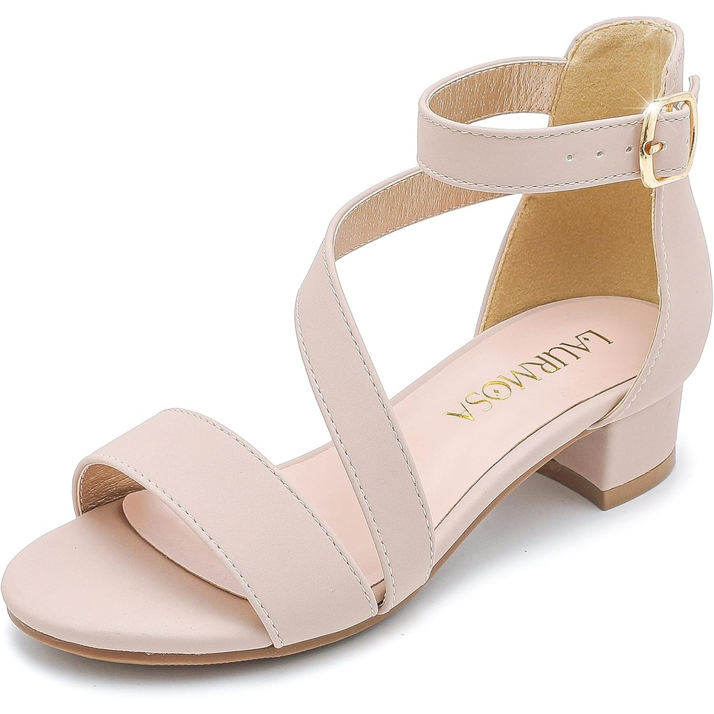 image:imageLAURMOSA Girls Sandals Kids Heels Open Toe Ankle Strap Dress Shoes Flower Wedding Party for Toddler Little Big KidBlissful Nubuck Nude