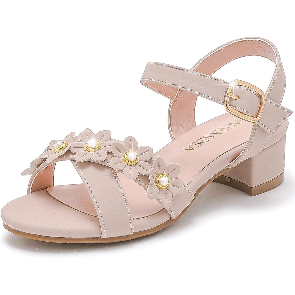 image:imageLAURMOSA Girls Sandals Kids Heels Open Toe Ankle Strap Dress Shoes Flower Wedding Party for Toddler Little Big KidFlowers Nubuck Nude