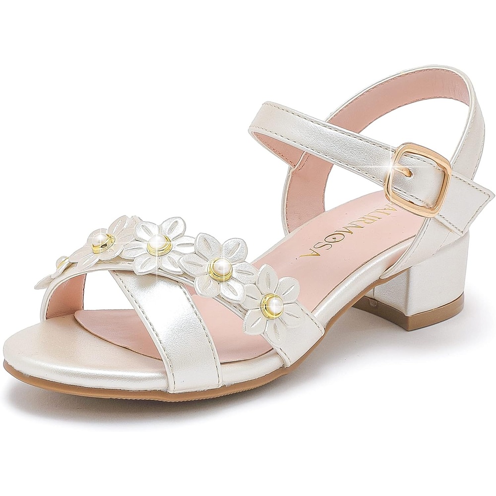 image:imageLAURMOSA Girls Sandals Kids Heels Open Toe Ankle Strap Dress Shoes Flower Wedding Party for Toddler Little Big KidFlowers Pu Cham