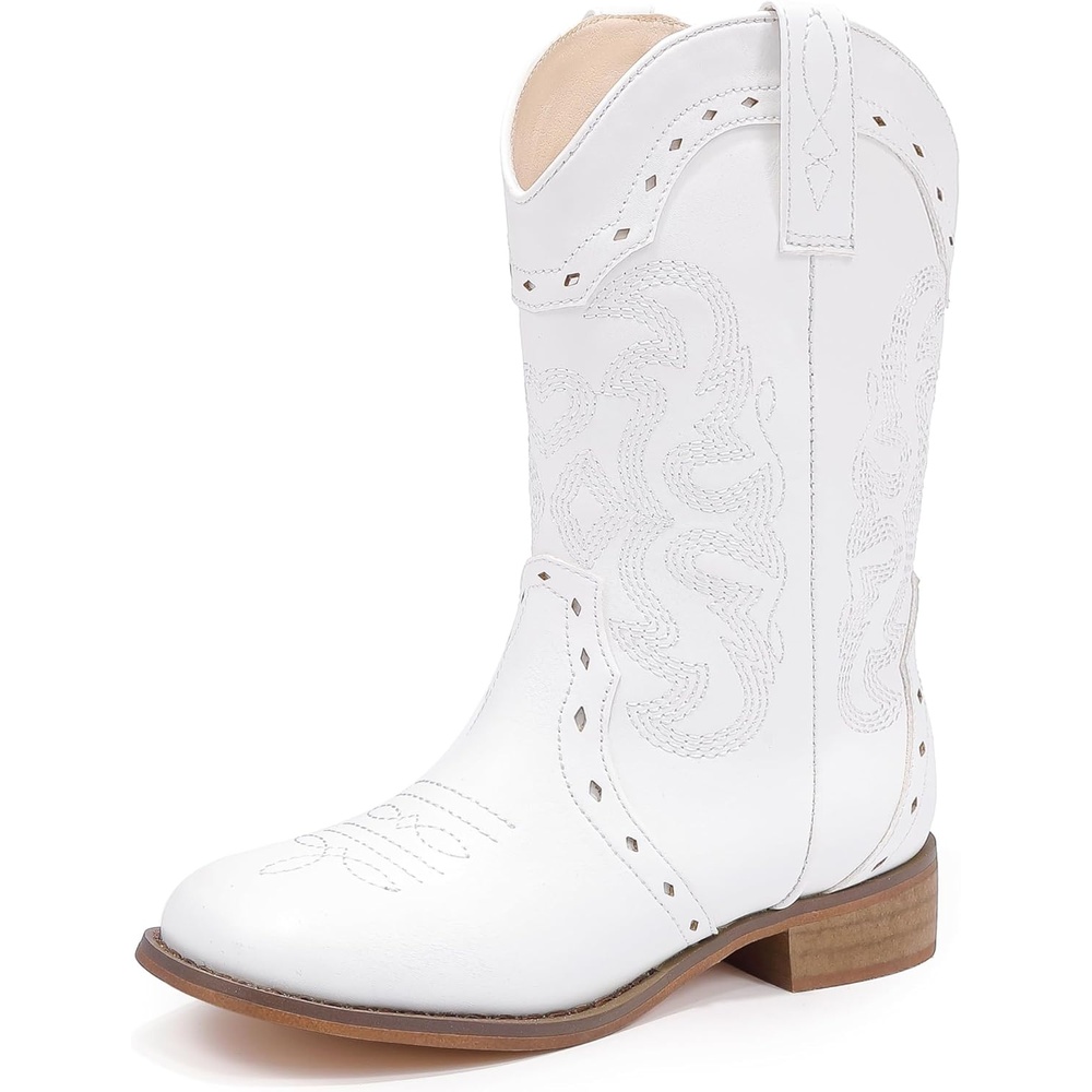 image:imageLAURMOSA Kids Cowgirl Boots for Girls Western Square Toe Girls Sparkle Boots Zipper Mid Calf Low Heel Horse Riding for Toddler Little Big KidsWhite