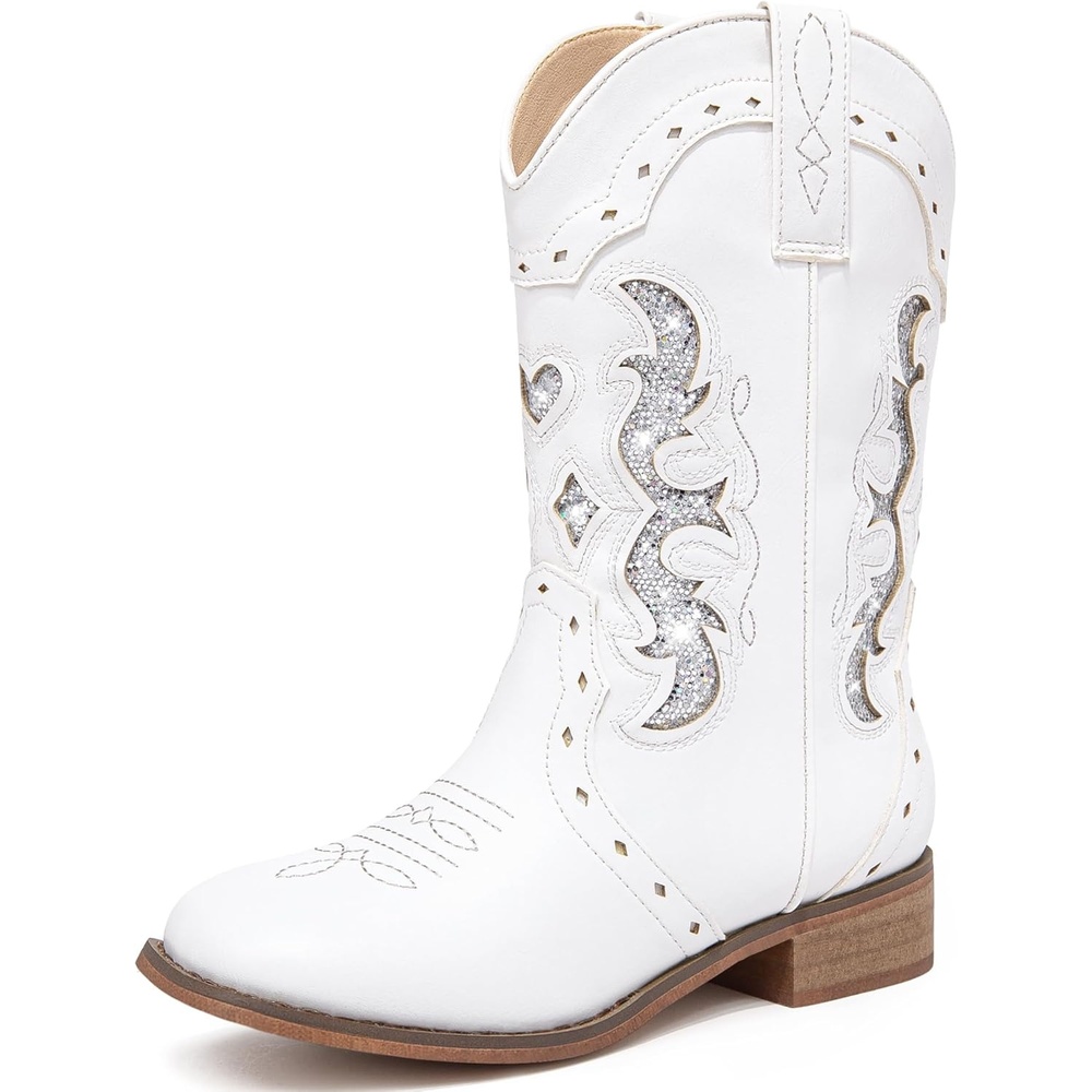 image:imageLAURMOSA Kids Cowgirl Boots for Girls Western Square Toe Girls Sparkle Boots Zipper Mid Calf Low Heel Horse Riding for Toddler Little Big KidsWhite Silver