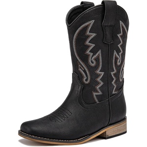 LAURMOSA Boys Cowboy Boots Western Square Toe Boots, Pull-On Mid Calf Embroidered Boots for Toddler Little Big Kid(Black)