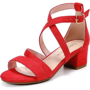LAURMOSA Girls Sandals Chunky High Heel Strappy Open Toe Ankle Strap Dress Shoes for Little Big Kids in Wedding Party(Inspired Suede Red)