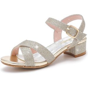 LAURMOSA Girls Sandals Kids Heels Open Toe Ankle Strap Dress Shoes Flower Wedding Party for Toddler Little Big Kid(Cross Glitter Gold)