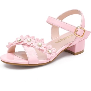 LAURMOSA Girls Sandals Kids Heels Open Toe Ankle Strap Dress Shoes Flower Wedding Party for Toddler Little Big Kid(Flowers Patent Pink)