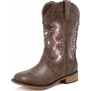 LAURMOSA Kids Cowgirl Boots for Girls Western Square Toe Girls Sparkle Boots Zipper Mid Calf Low Heel Horse Riding for Toddler Little Big Kids(Brown Pink)
