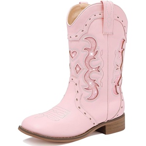 LAURMOSA Kids Cowgirl Boots for Girls Western Square Toe Girls Sparkle Boots Zipper Mid Calf Low Heel Horse Riding for Toddler Little Big Kids(Pink)