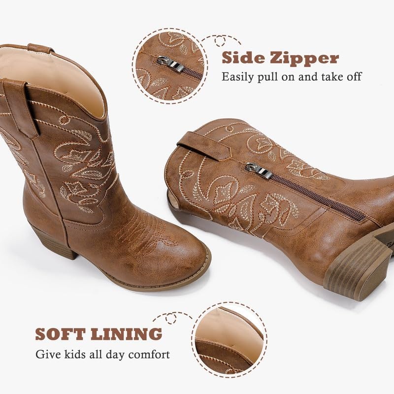 image:imageLAURMOSA Cowgirl Boots for Girls Mid Calf Youth Girl Cowboy Western Boots Pointed Toe Embroidered for Horse Riding Country Party Toddler Little Big KidsBrown