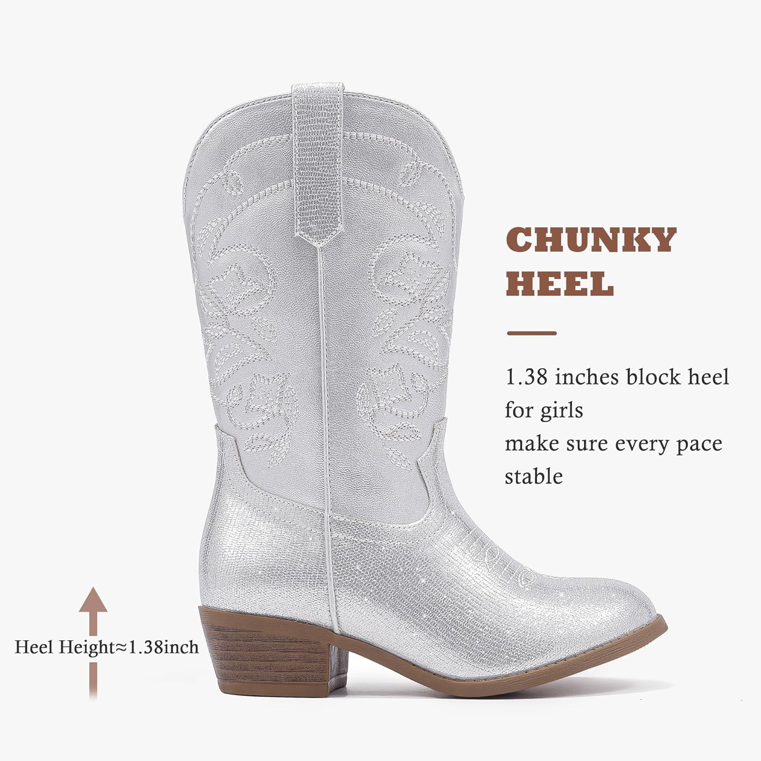 image:imageLAURMOSA Cowgirl Boots for Girls Mid Calf Youth Girl Cowboy Western Boots Pointed Toe Embroidered for Horse Riding Country Party Toddler Little Big KidsSilver