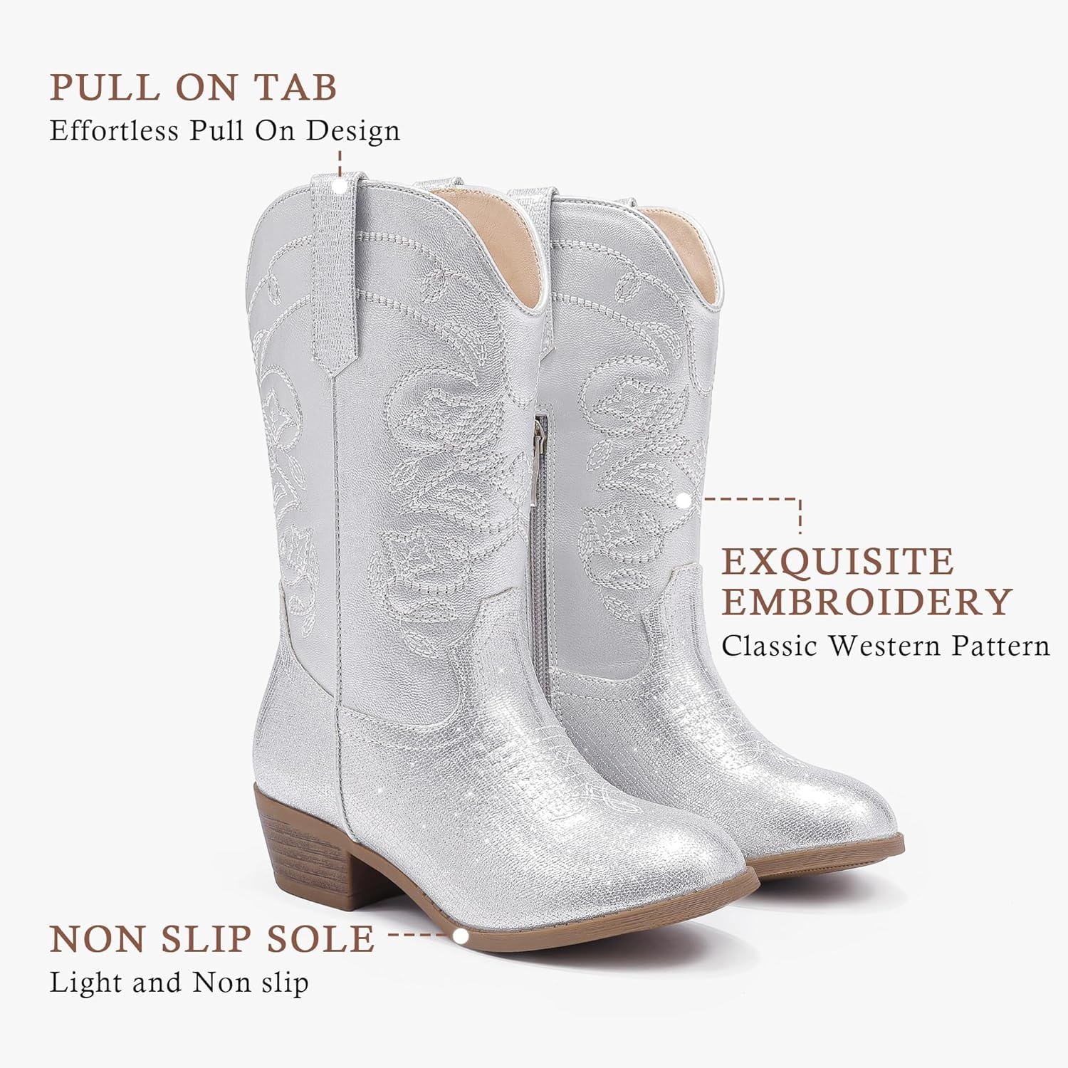image:imageLAURMOSA Cowgirl Boots for Girls Mid Calf Youth Girl Cowboy Western Boots Pointed Toe Embroidered for Horse Riding Country Party Toddler Little Big KidsSilver
