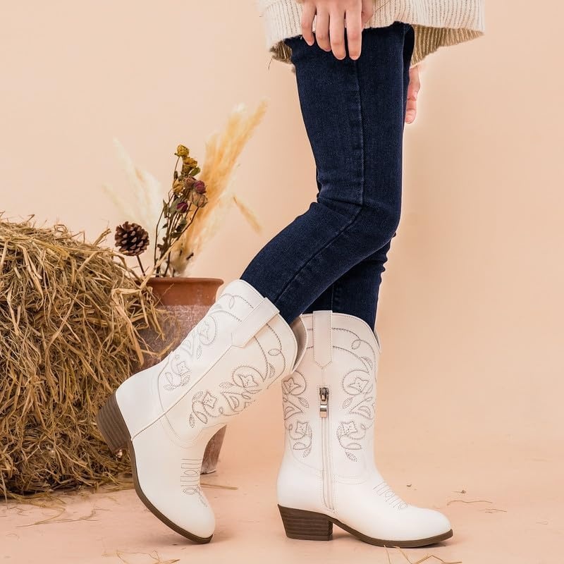 image:imageLAURMOSA Cowgirl Boots for Girls Mid Calf Youth Girl Cowboy Western Boots Pointed Toe Embroidered for Horse Riding Country Party Toddler Little Big KidsWhite
