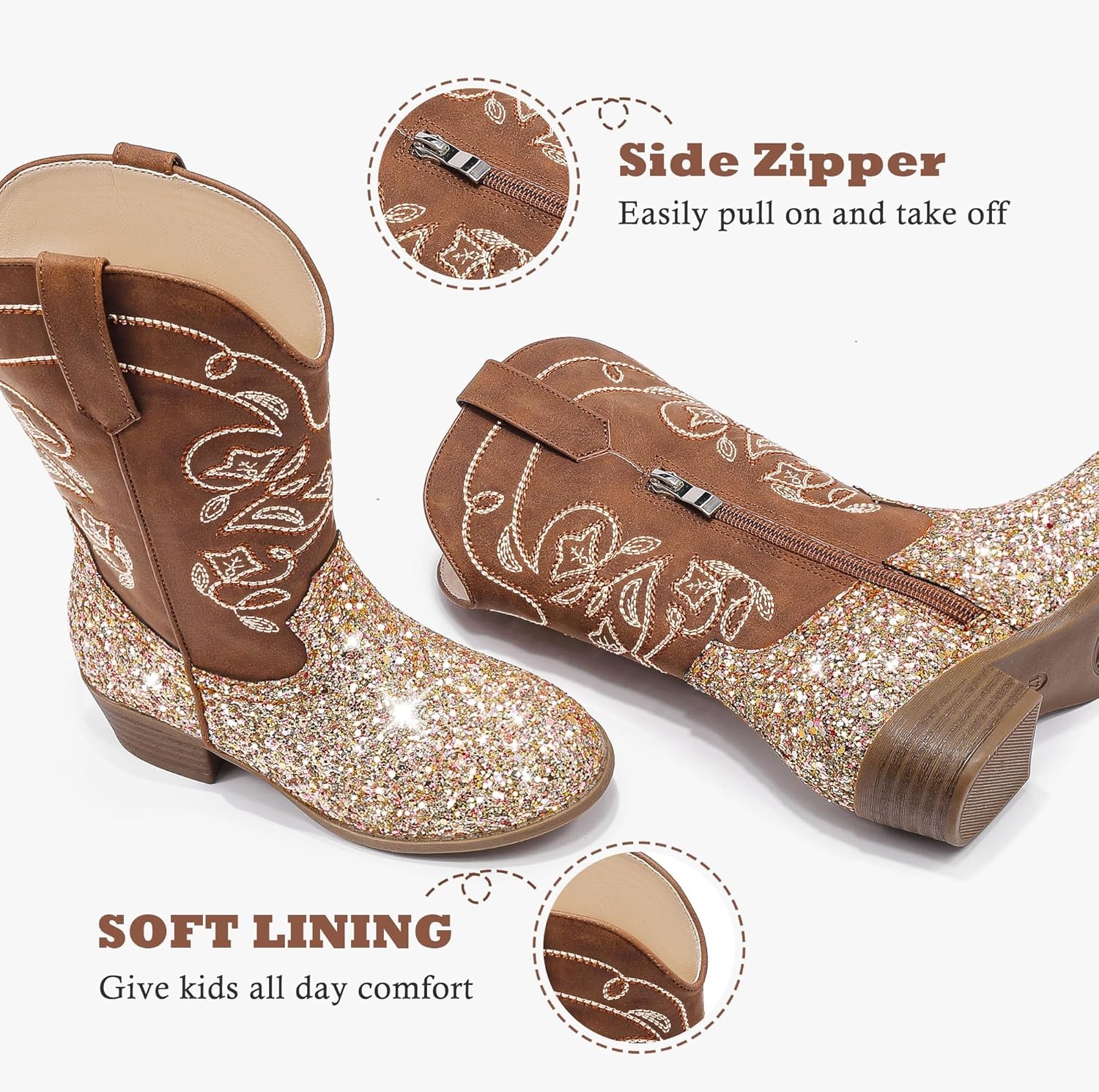 image:imageLAURMOSA Cowgirl Boots for Girls Mid Calf Youth Girl Cowboy Western Boots Pointed Toe Embroidered for Horse Riding Country Party Toddler Little Big KidsBrown Sequins
