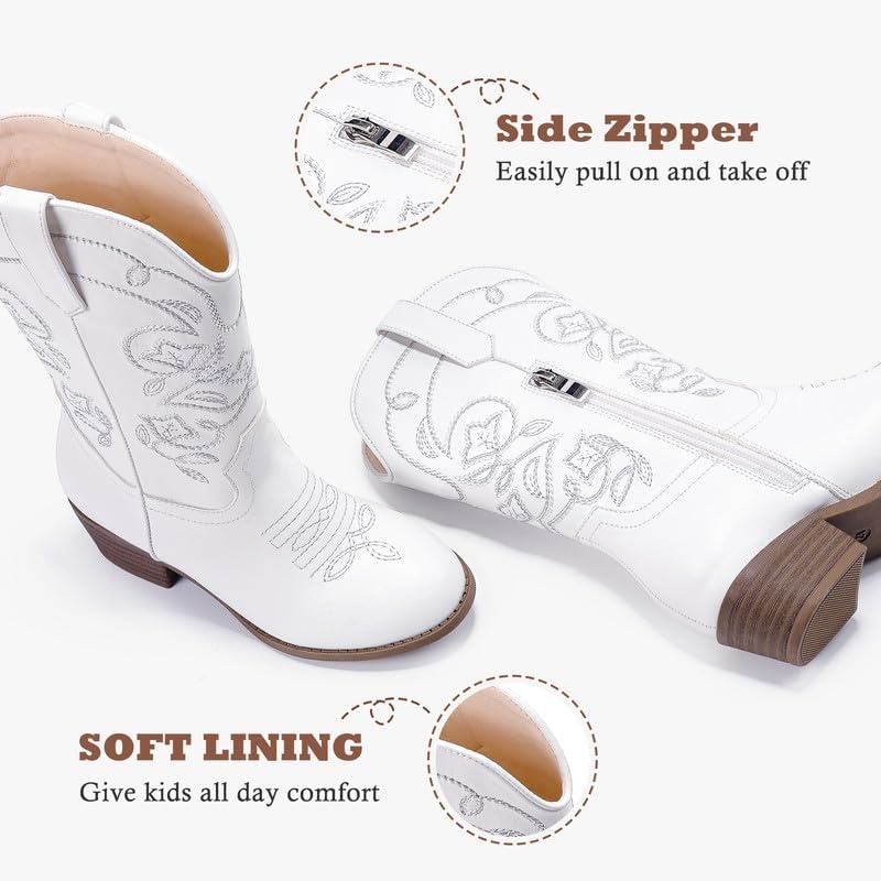 image:imageLAURMOSA Cowgirl Boots for Girls Mid Calf Youth Girl Cowboy Western Boots Pointed Toe Embroidered for Horse Riding Country Party Toddler Little Big KidsWhite