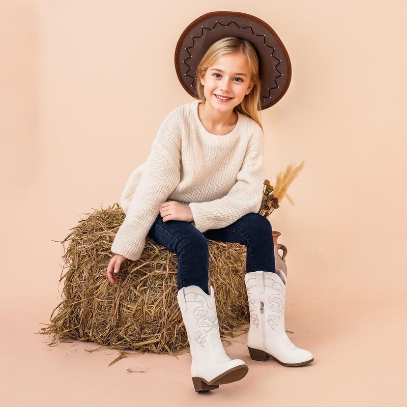 image:imageLAURMOSA Cowgirl Boots for Girls Mid Calf Youth Girl Cowboy Western Boots Pointed Toe Embroidered for Horse Riding Country Party Toddler Little Big KidsWhite