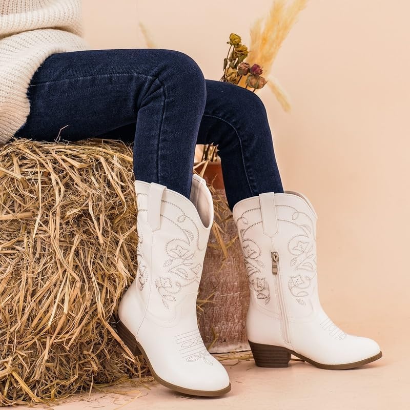 image:imageLAURMOSA Cowgirl Boots for Girls Mid Calf Youth Girl Cowboy Western Boots Pointed Toe Embroidered for Horse Riding Country Party Toddler Little Big KidsWhite