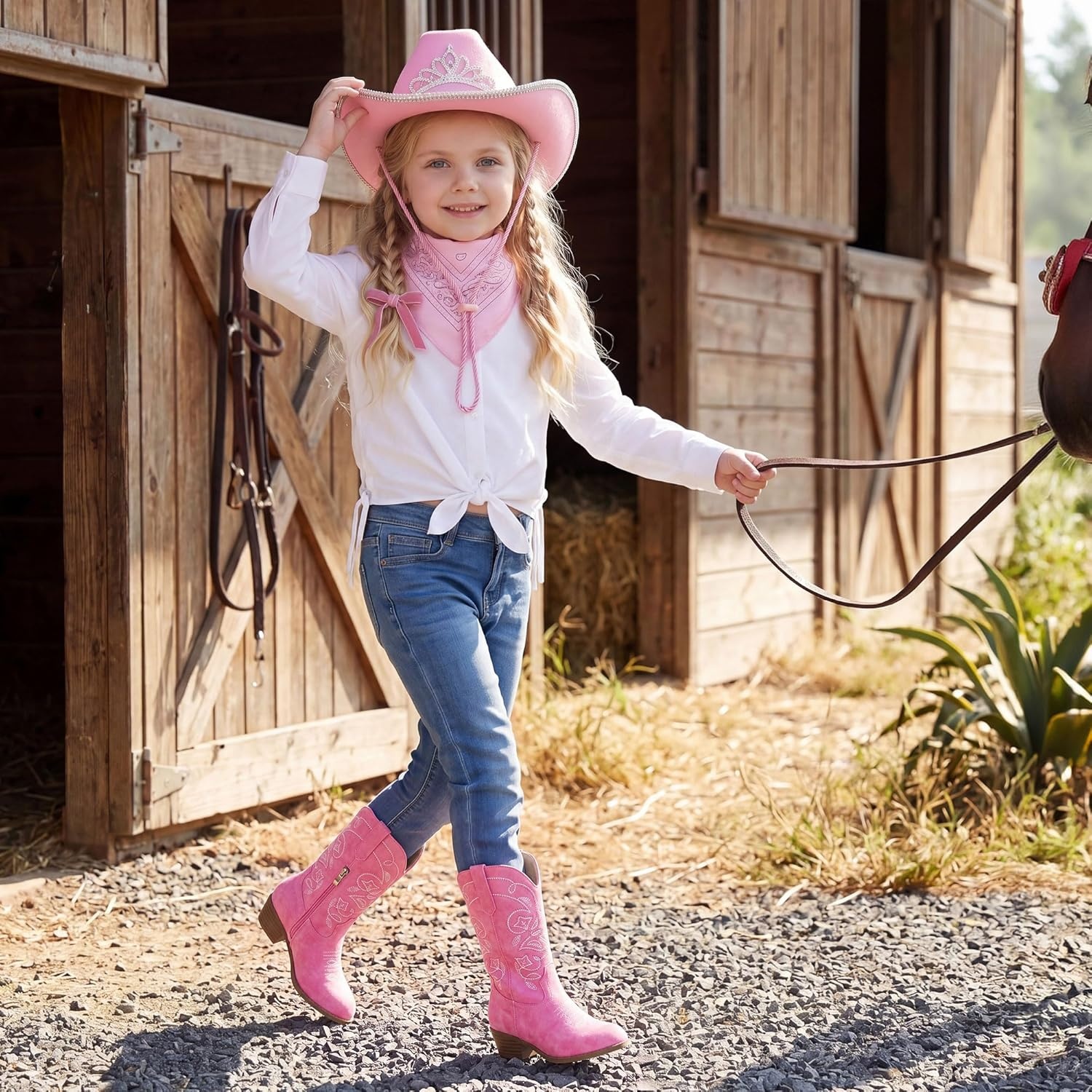 image:imageLAURMOSA Cowgirl Boots for Girls Mid Calf Youth Girl Cowboy Western Boots Pointed Toe Embroidered for Horse Riding Country Party Toddler Little Big KidsPink