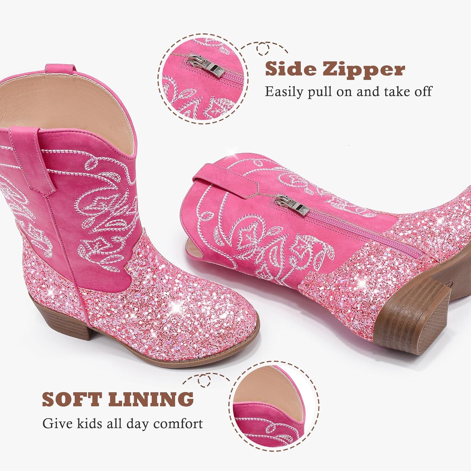 image:imageLAURMOSA Cowgirl Boots for Girls Mid Calf Youth Girl Cowboy Western Boots Pointed Toe Embroidered for Horse Riding Country Party Toddler Little Big KidsPink Sequins