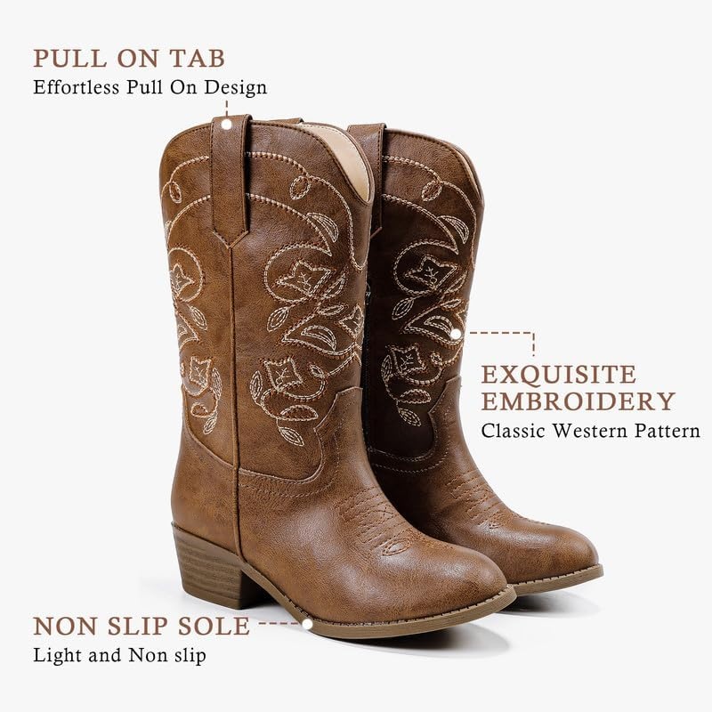 image:imageLAURMOSA Cowgirl Boots for Girls Mid Calf Youth Girl Cowboy Western Boots Pointed Toe Embroidered for Horse Riding Country Party Toddler Little Big KidsBrown