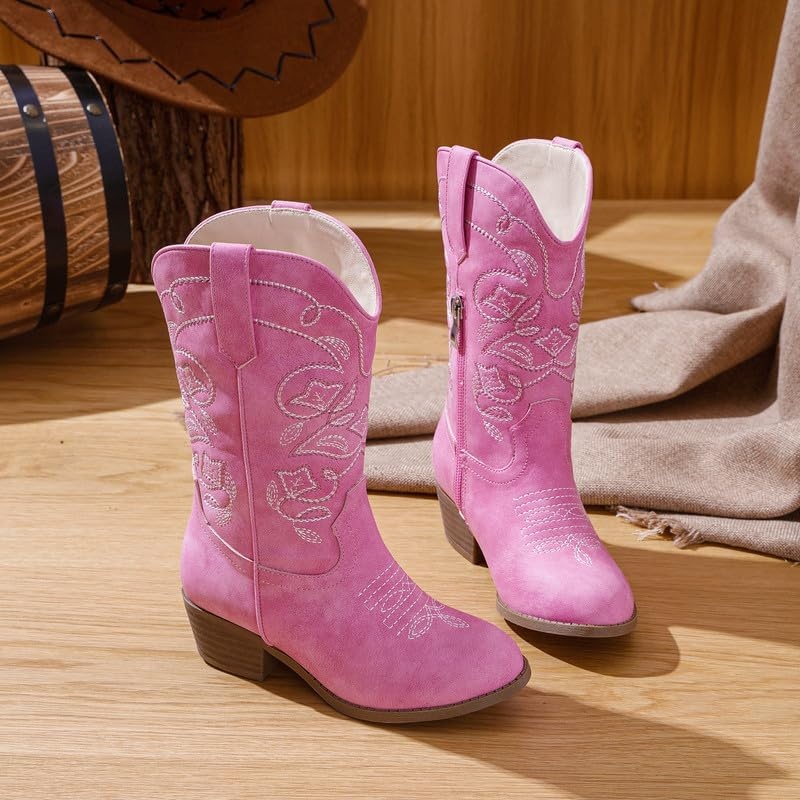 image:imageLAURMOSA Cowgirl Boots for Girls Mid Calf Youth Girl Cowboy Western Boots Pointed Toe Embroidered for Horse Riding Country Party Toddler Little Big KidsPink