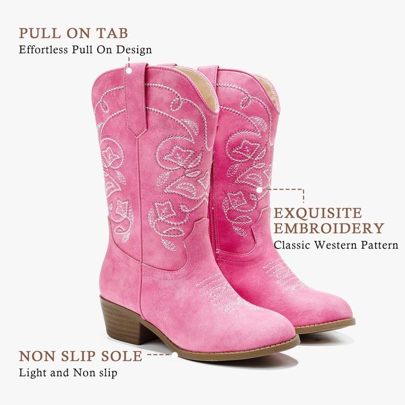 image:imageLAURMOSA Cowgirl Boots for Girls Mid Calf Youth Girl Cowboy Western Boots Pointed Toe Embroidered for Horse Riding Country Party Toddler Little Big KidsPink
