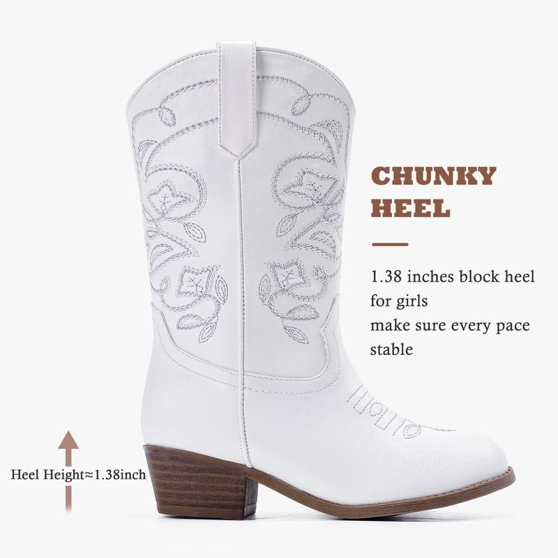 image:imageLAURMOSA Cowgirl Boots for Girls Mid Calf Youth Girl Cowboy Western Boots Pointed Toe Embroidered for Horse Riding Country Party Toddler Little Big KidsWhite