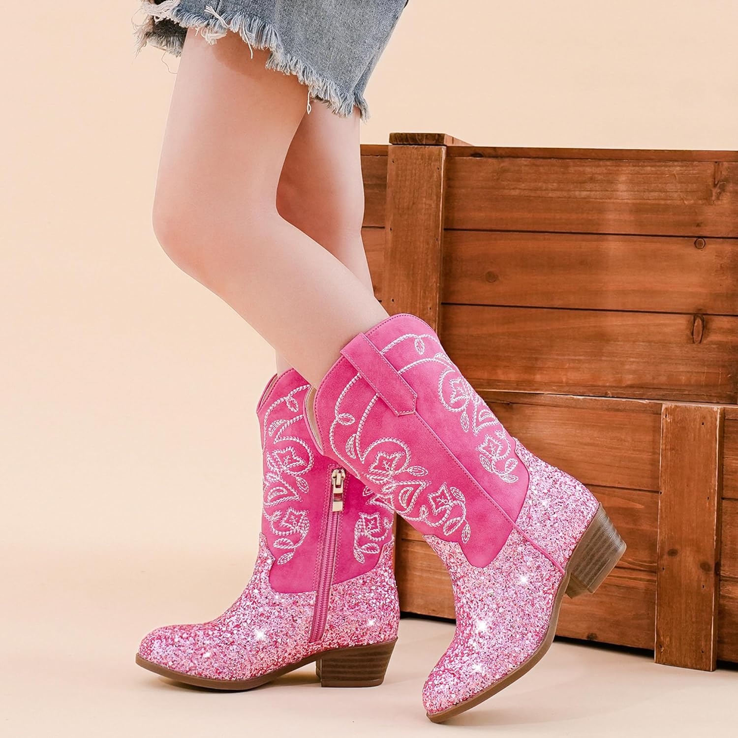 image:imageLAURMOSA Cowgirl Boots for Girls Mid Calf Youth Girl Cowboy Western Boots Pointed Toe Embroidered for Horse Riding Country Party Toddler Little Big KidsPink Sequins