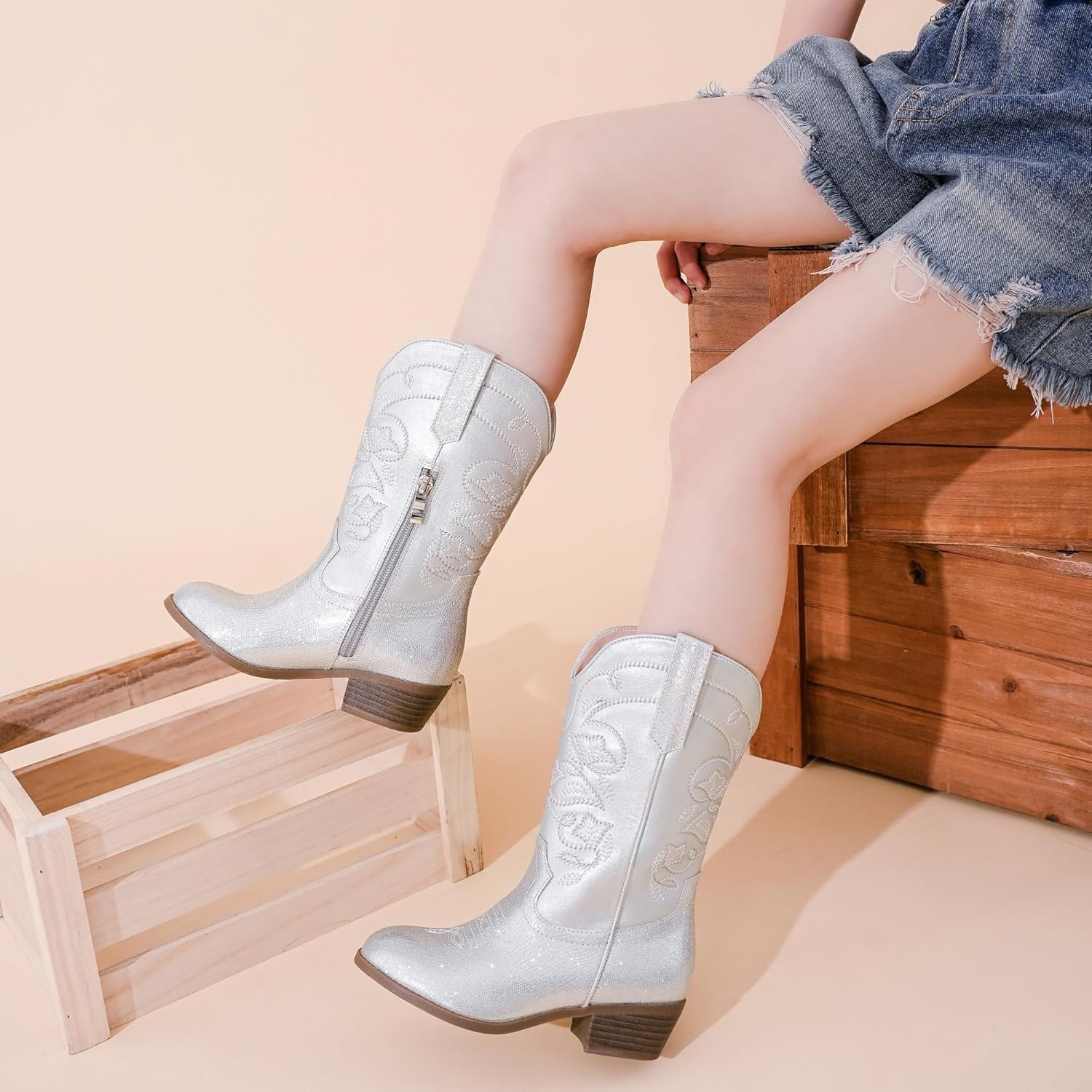 image:imageLAURMOSA Cowgirl Boots for Girls Mid Calf Youth Girl Cowboy Western Boots Pointed Toe Embroidered for Horse Riding Country Party Toddler Little Big KidsSilver