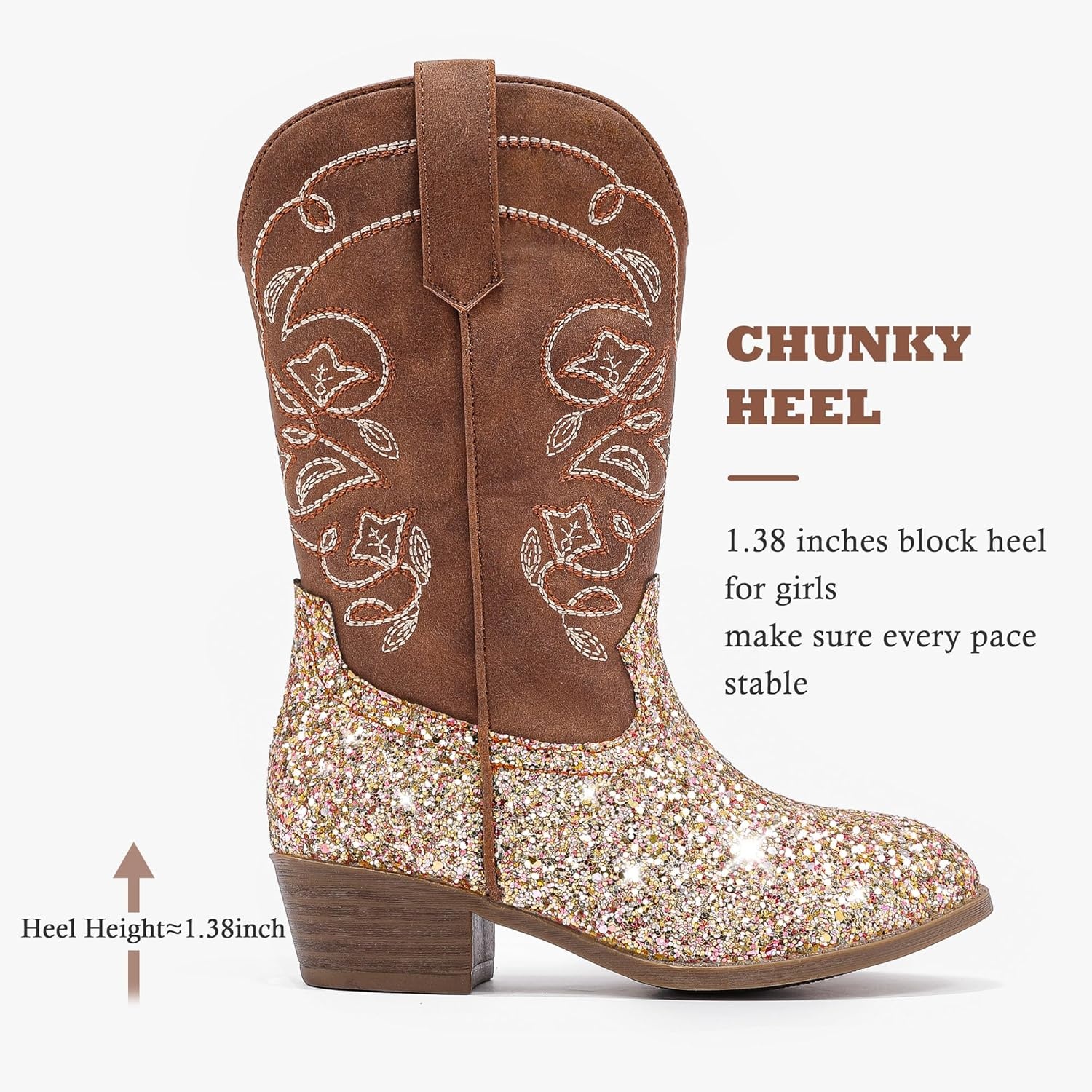 image:imageLAURMOSA Cowgirl Boots for Girls Mid Calf Youth Girl Cowboy Western Boots Pointed Toe Embroidered for Horse Riding Country Party Toddler Little Big KidsBrown Sequins