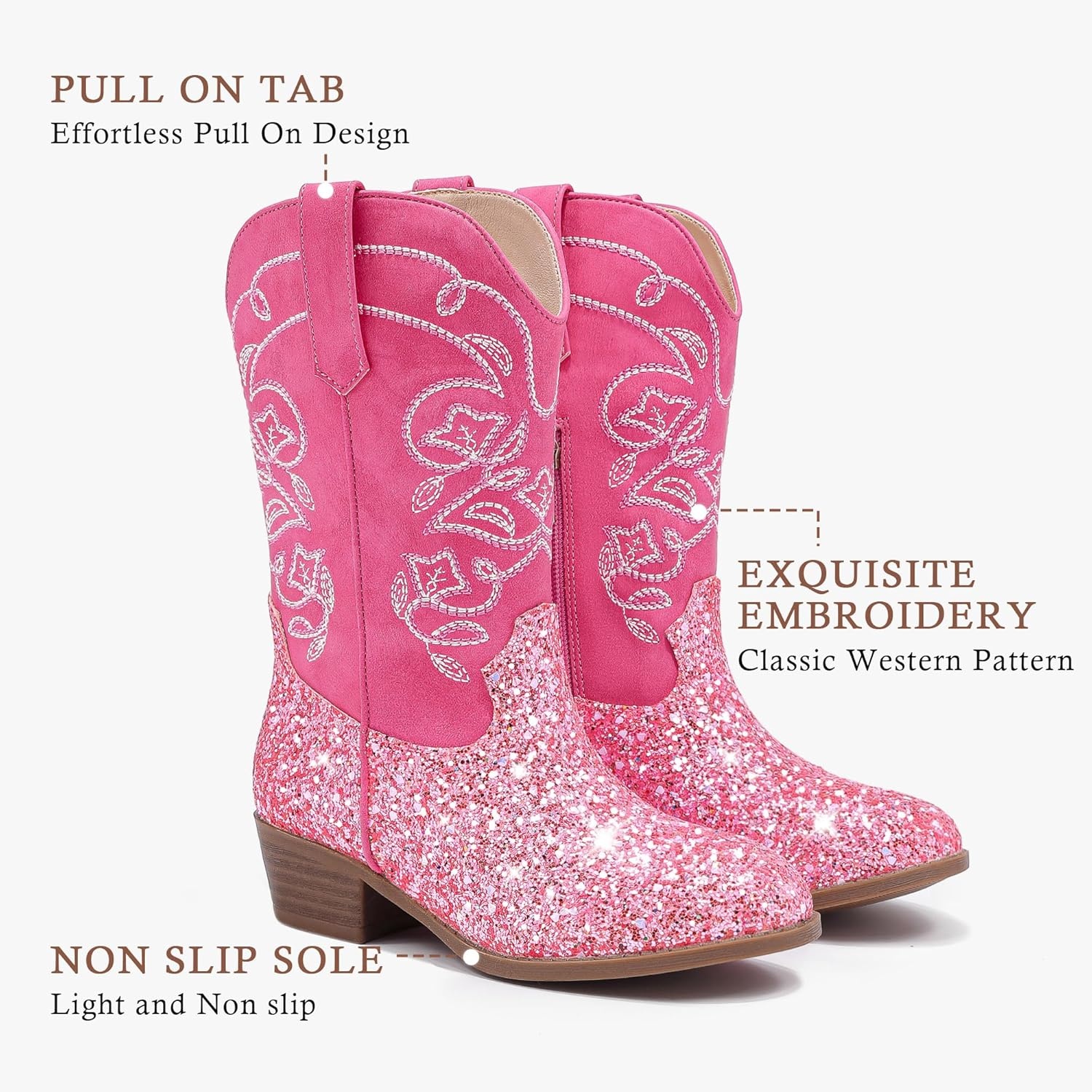 image:imageLAURMOSA Cowgirl Boots for Girls Mid Calf Youth Girl Cowboy Western Boots Pointed Toe Embroidered for Horse Riding Country Party Toddler Little Big KidsPink Sequins