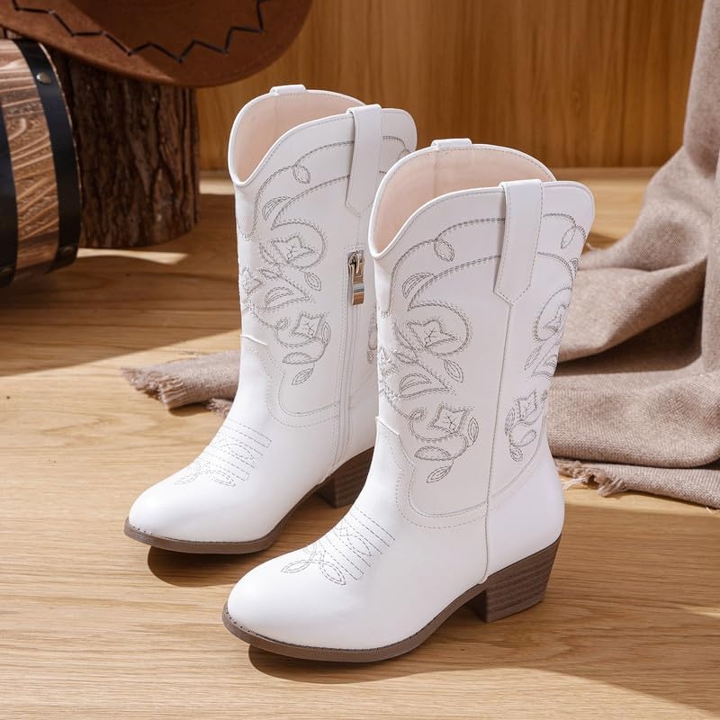 image:imageLAURMOSA Cowgirl Boots for Girls Mid Calf Youth Girl Cowboy Western Boots Pointed Toe Embroidered for Horse Riding Country Party Toddler Little Big KidsWhite