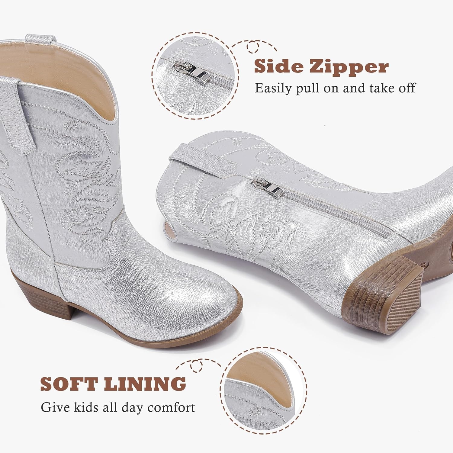 image:imageLAURMOSA Cowgirl Boots for Girls Mid Calf Youth Girl Cowboy Western Boots Pointed Toe Embroidered for Horse Riding Country Party Toddler Little Big KidsSilver