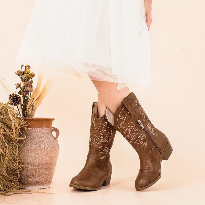 image:imageLAURMOSA Cowgirl Boots for Girls Mid Calf Youth Girl Cowboy Western Boots Pointed Toe Embroidered for Horse Riding Country Party Toddler Little Big KidsBrown