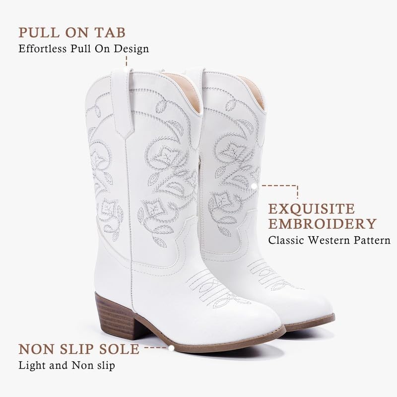 image:imageLAURMOSA Cowgirl Boots for Girls Mid Calf Youth Girl Cowboy Western Boots Pointed Toe Embroidered for Horse Riding Country Party Toddler Little Big KidsWhite