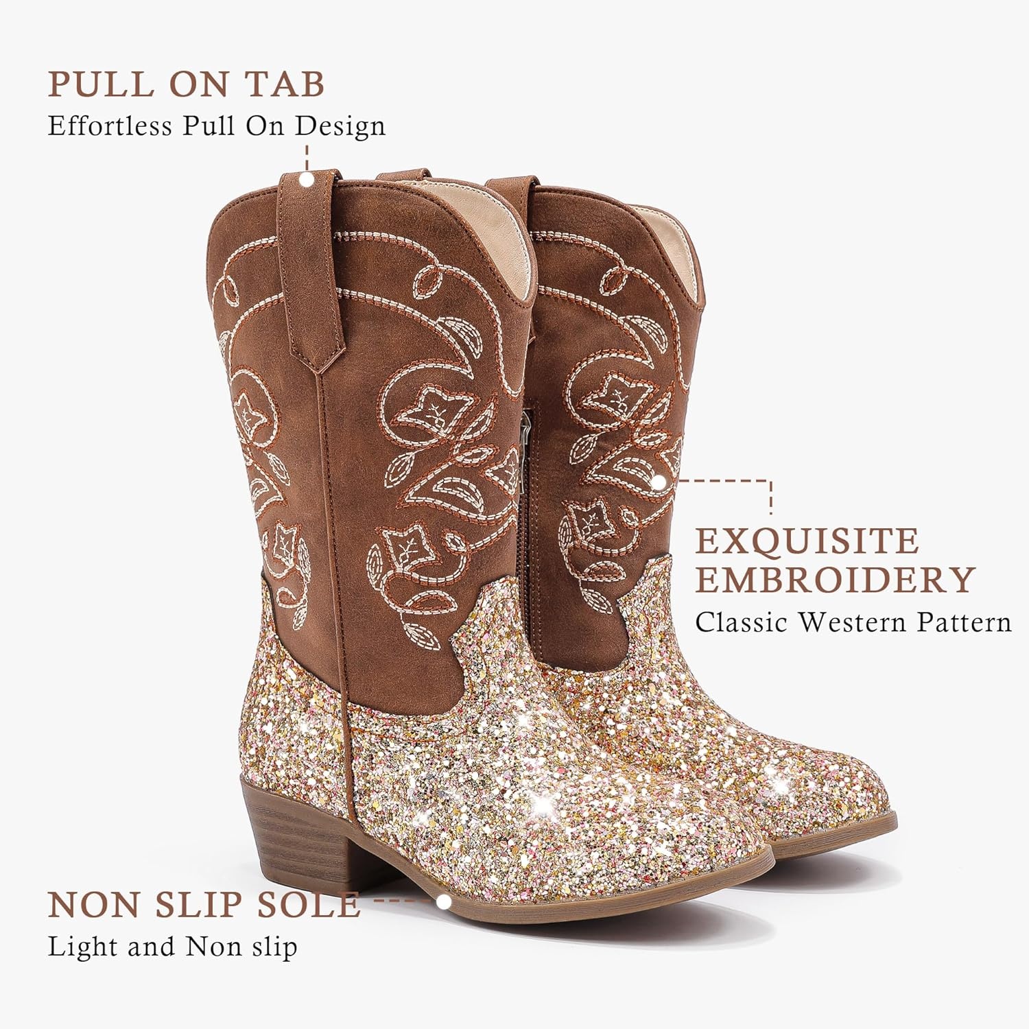 image:imageLAURMOSA Cowgirl Boots for Girls Mid Calf Youth Girl Cowboy Western Boots Pointed Toe Embroidered for Horse Riding Country Party Toddler Little Big KidsBrown Sequins
