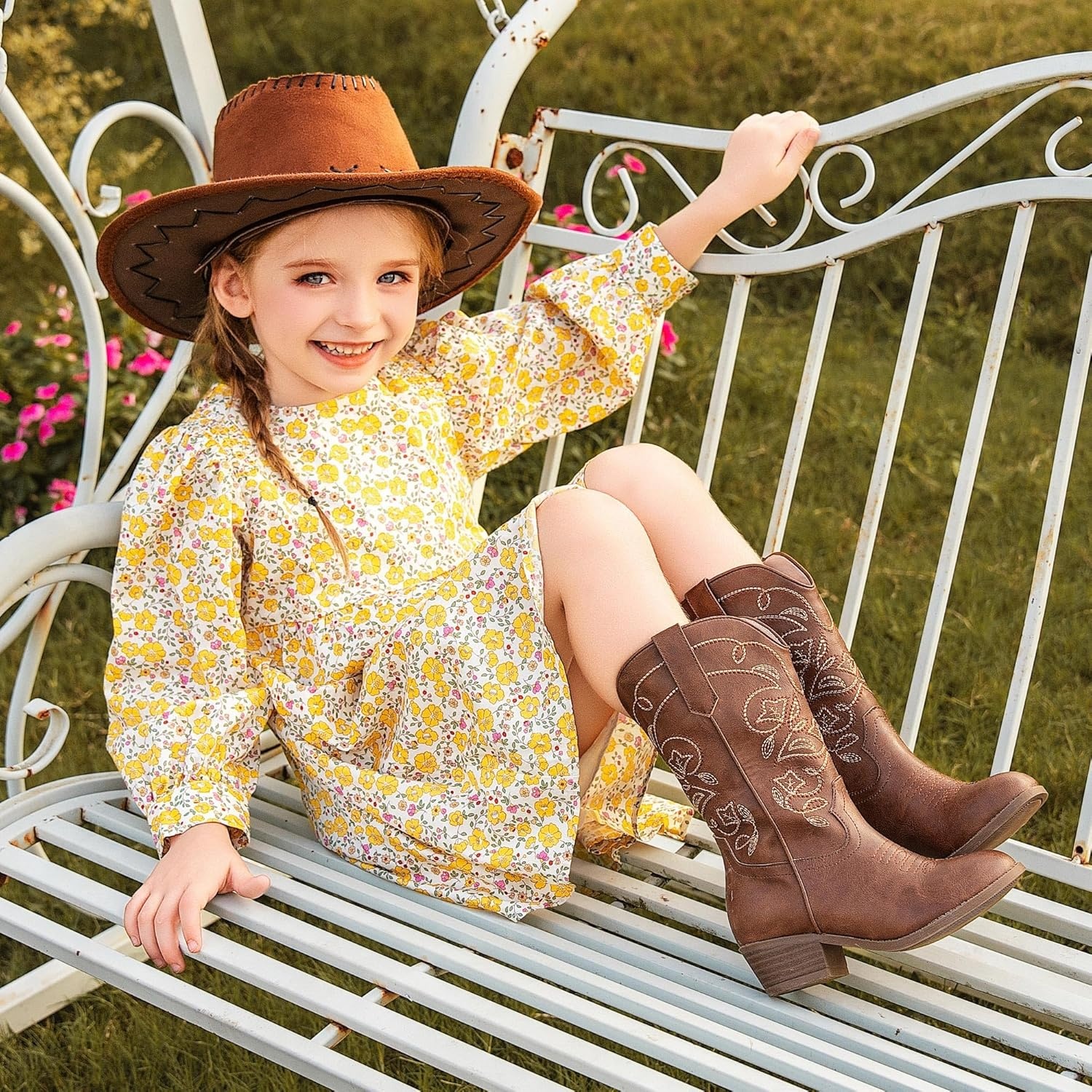 image:imageLAURMOSA Cowgirl Boots for Girls Mid Calf Youth Girl Cowboy Western Boots Pointed Toe Embroidered for Horse Riding Country Party Toddler Little Big KidsBrown