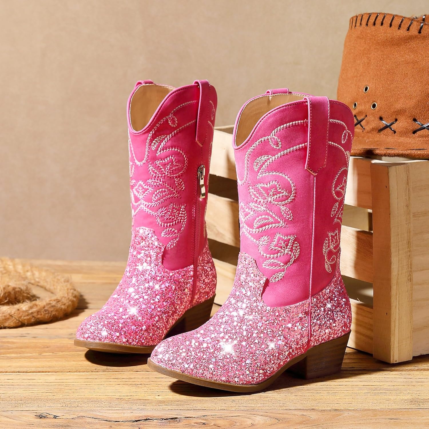 image:imageLAURMOSA Cowgirl Boots for Girls Mid Calf Youth Girl Cowboy Western Boots Pointed Toe Embroidered for Horse Riding Country Party Toddler Little Big KidsPink Sequins