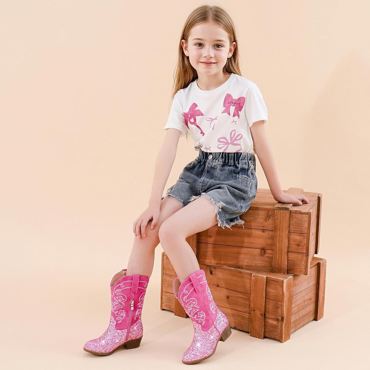 image:imageLAURMOSA Cowgirl Boots for Girls Mid Calf Youth Girl Cowboy Western Boots Pointed Toe Embroidered for Horse Riding Country Party Toddler Little Big KidsPink Sequins