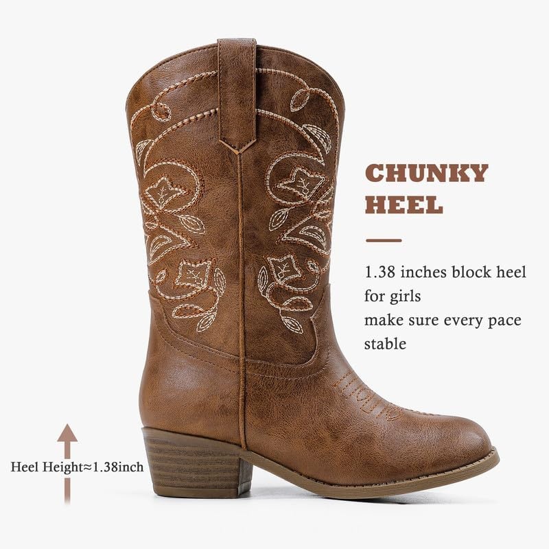 image:imageLAURMOSA Cowgirl Boots for Girls Mid Calf Youth Girl Cowboy Western Boots Pointed Toe Embroidered for Horse Riding Country Party Toddler Little Big KidsBrown