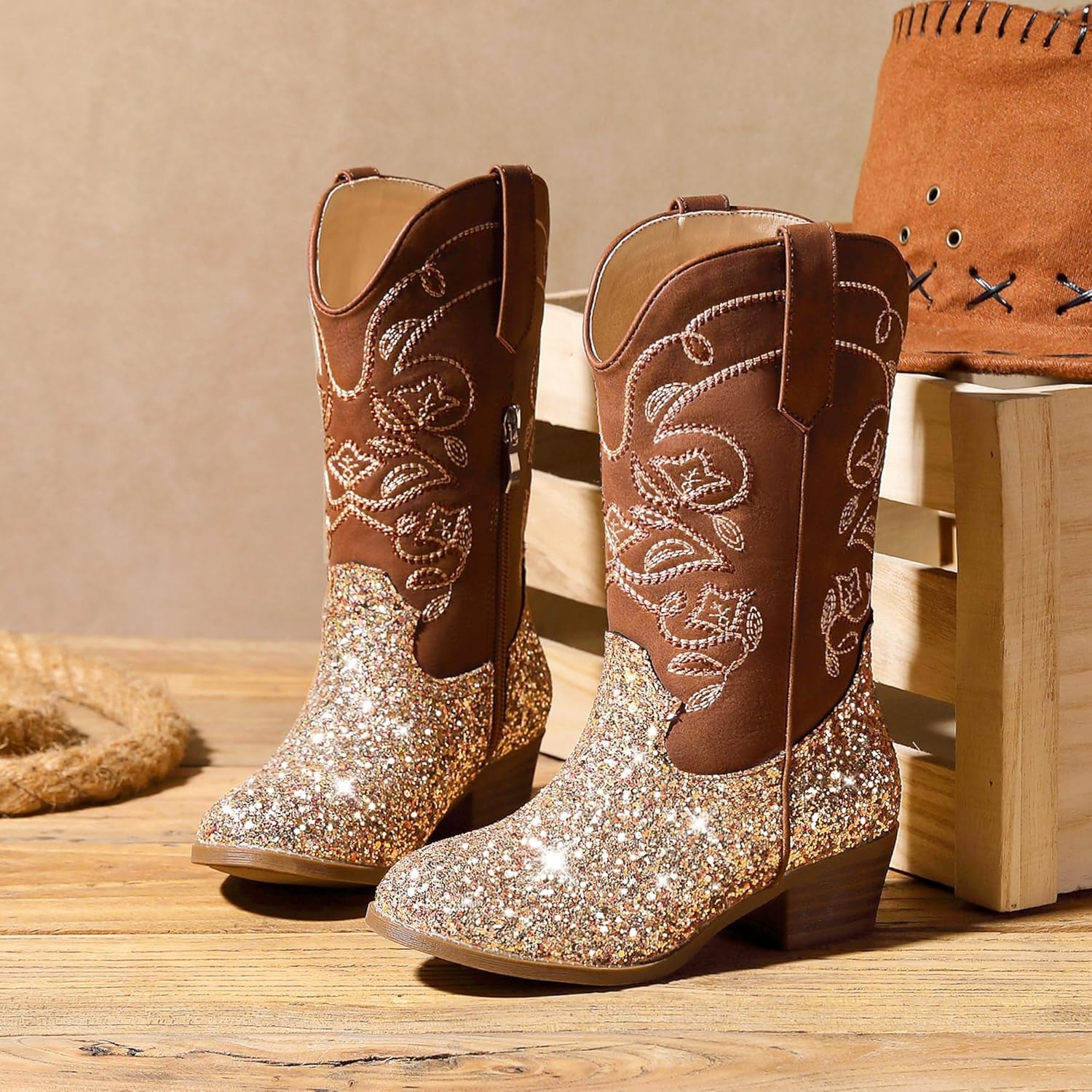 image:imageLAURMOSA Cowgirl Boots for Girls Mid Calf Youth Girl Cowboy Western Boots Pointed Toe Embroidered for Horse Riding Country Party Toddler Little Big KidsBrown Sequins