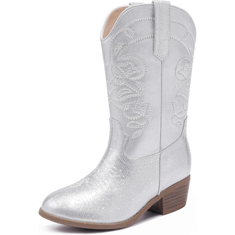 image:imageLAURMOSA Cowgirl Boots for Girls Mid Calf Youth Girl Cowboy Western Boots Pointed Toe Embroidered for Horse Riding Country Party Toddler Little Big KidsSilver