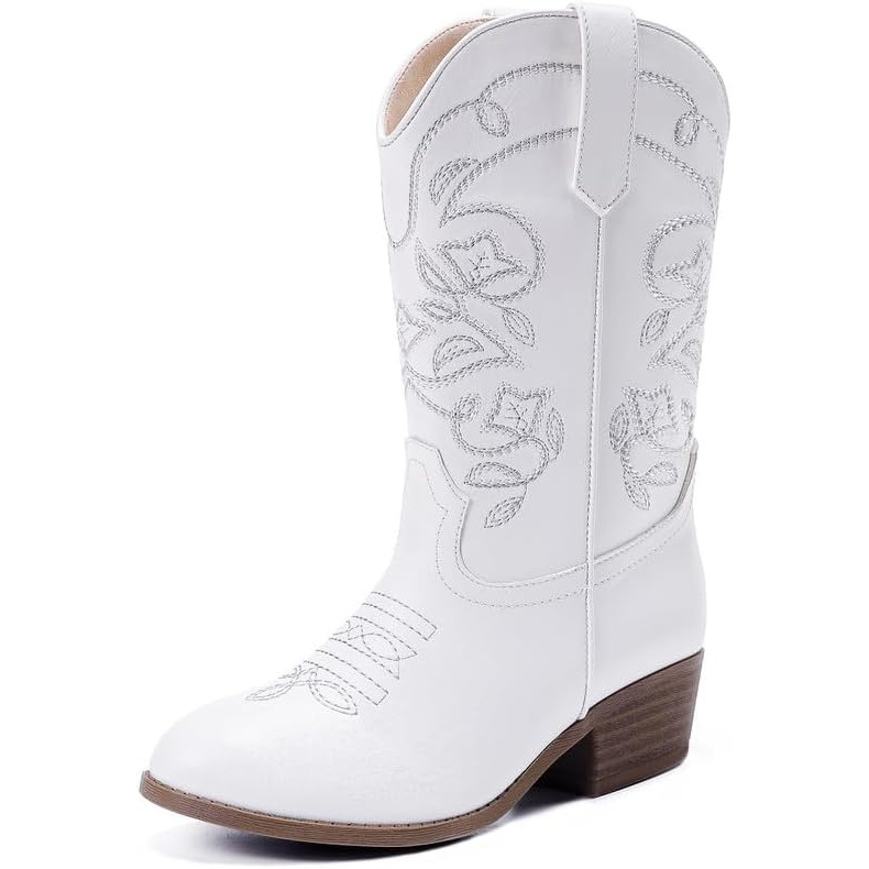 image:imageLAURMOSA Cowgirl Boots for Girls Mid Calf Youth Girl Cowboy Western Boots Pointed Toe Embroidered for Horse Riding Country Party Toddler Little Big KidsWhite