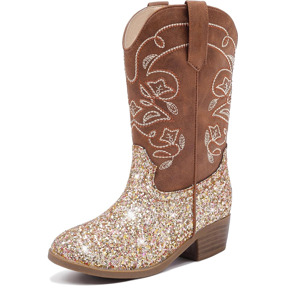 image:imageLAURMOSA Cowgirl Boots for Girls Mid Calf Youth Girl Cowboy Western Boots Pointed Toe Embroidered for Horse Riding Country Party Toddler Little Big KidsBrown Sequins