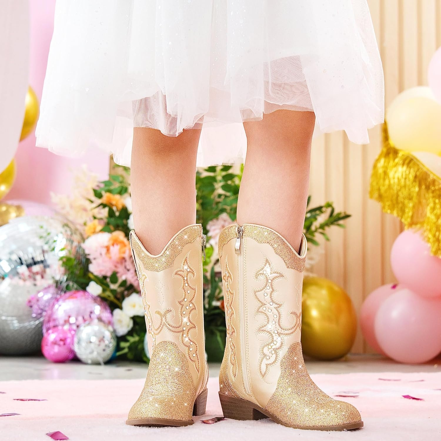 image:imageLAURMOSA Girls Cowboy Boots Cowgirl Western Boot for Kids Rhinestone Sparkly Toddler Dress Boots Ponited Toe Mid Calf Birthday Party for Little Big KidGold