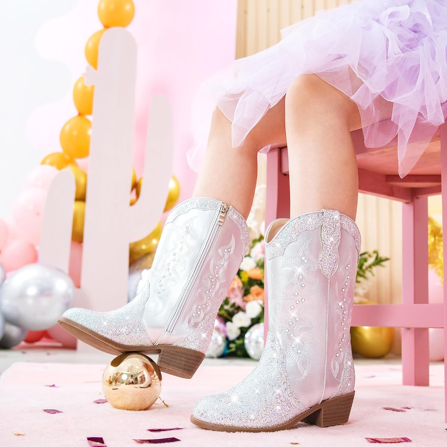 image:imageLAURMOSA Girls Cowboy Boots Cowgirl Western Boot for Kids Rhinestone Sparkly Toddler Dress Boots Ponited Toe Mid Calf Birthday Party for Little Big KidSilver