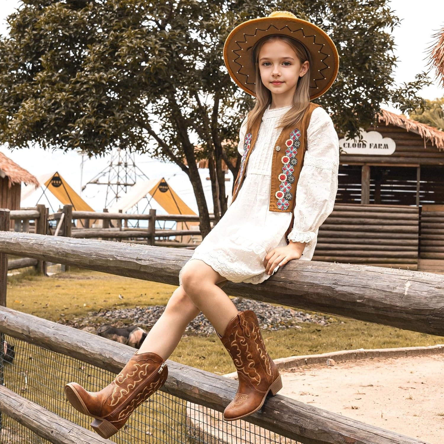image:imageLAURMOSA Girls Cowboy Boots Cowgirl Western Boot for Kids Rhinestone Sparkly Toddler Dress Boots Ponited Toe Mid Calf Birthday Party for Little Big KidBrown