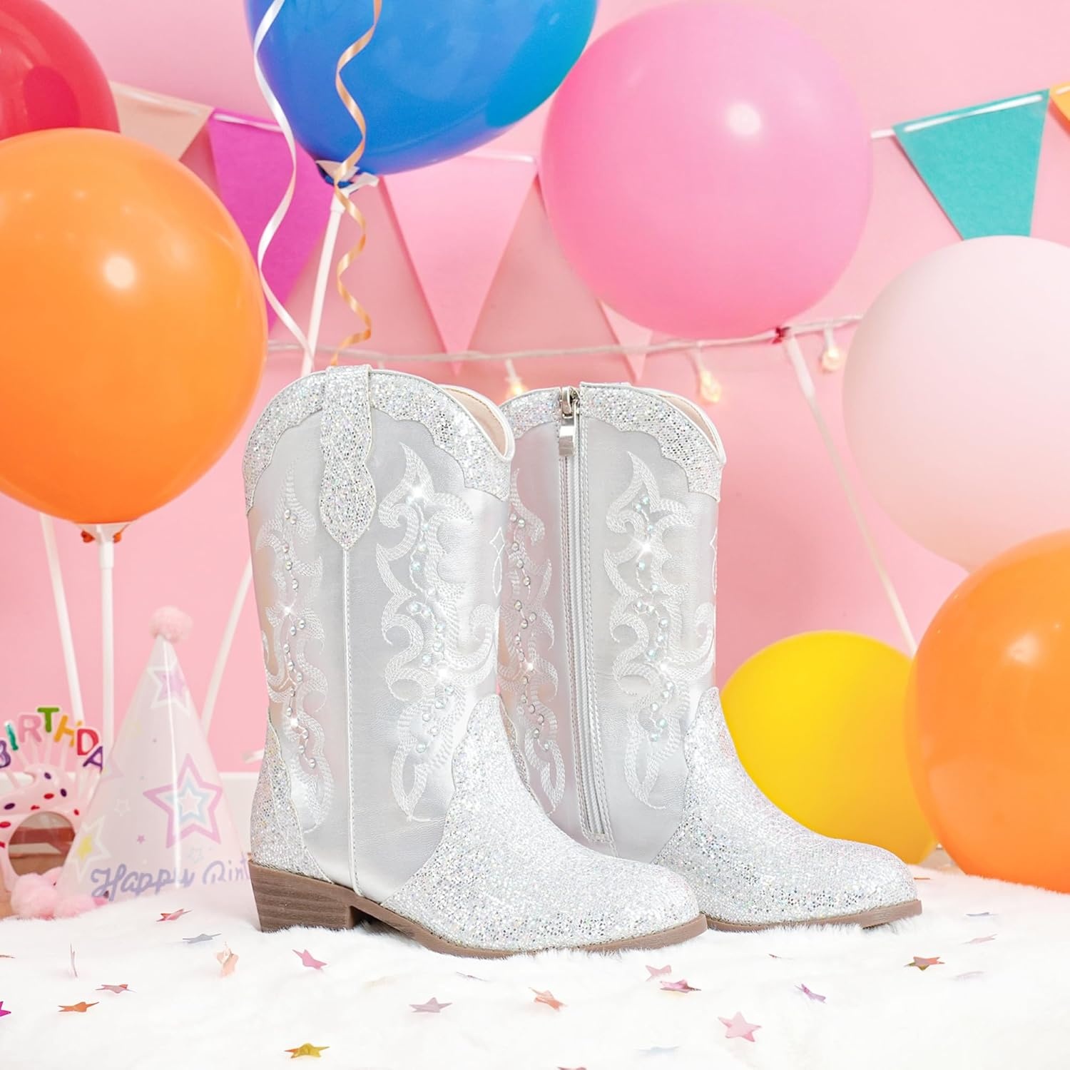 image:imageLAURMOSA Girls Cowboy Boots Cowgirl Western Boot for Kids Rhinestone Sparkly Toddler Dress Boots Ponited Toe Mid Calf Birthday Party for Little Big KidSilver